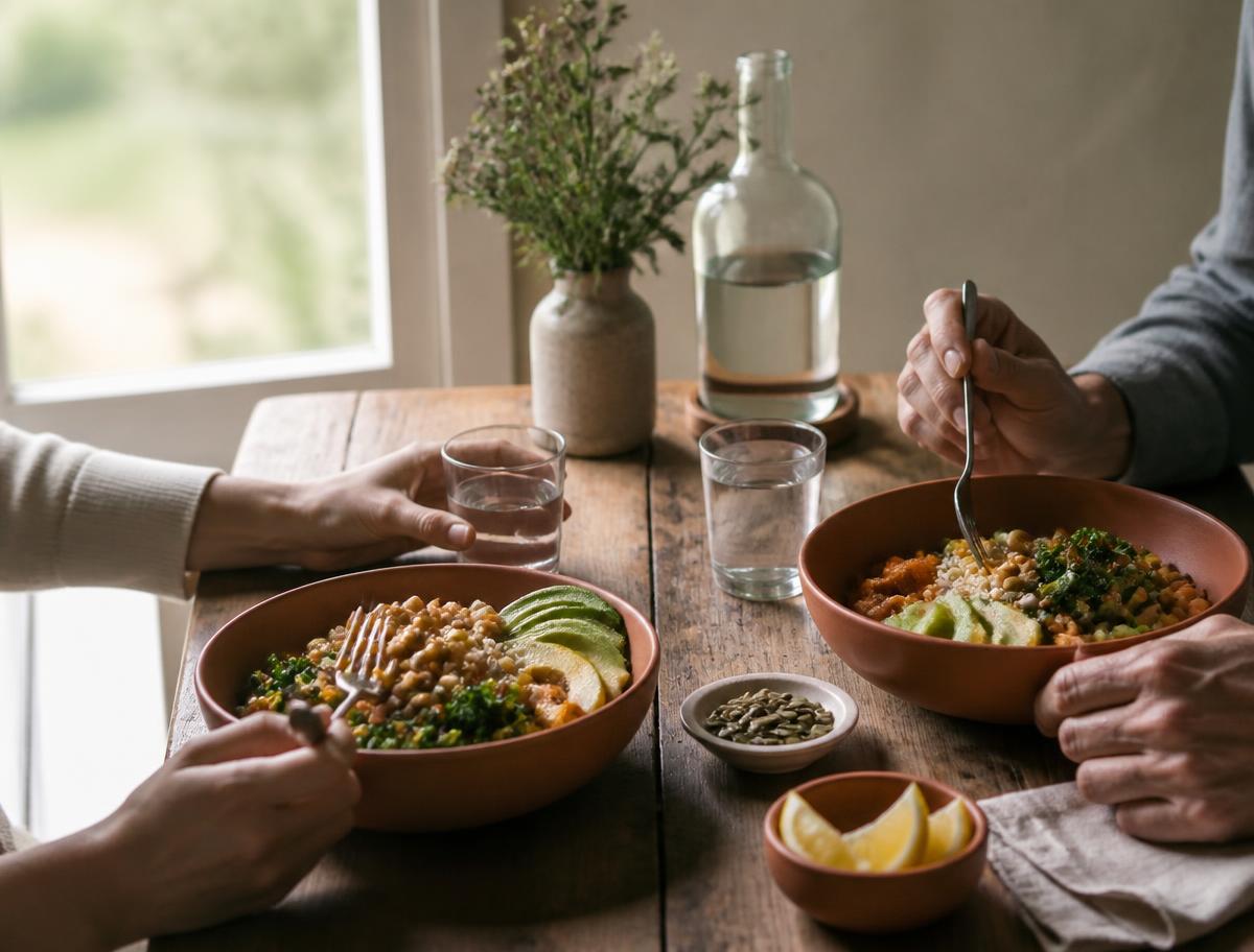 Twee mensen delen een eenvoudige, gezonde maaltijd aan een houten tafel